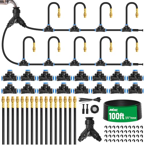 MIXC 1/4" 100Ft Drip Irrigation System for Garden with 16pcs 360°Adjustable Brass Nozzles & Bendable Rod,Upgraded Watering System Kit for Outdoor Plants,Lawn,Raised Bed,Potted Plant,Yard,Greenhouse - size: 100ft