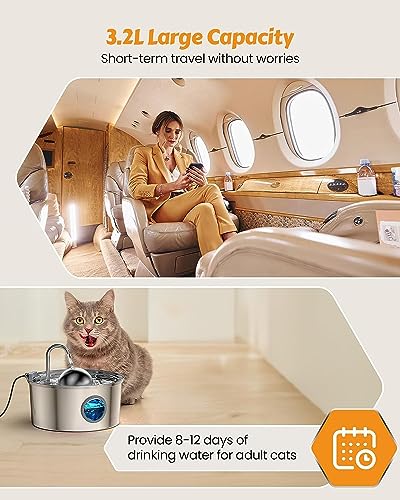 AONBOY Cat Water Fountain with 6 Filters + 3 Sponge Filters | 108oz/3.2L Cat Fountain Stainless Steel with Water Level Window Faucet Shape Dog Water Fountain Multi Filtration
