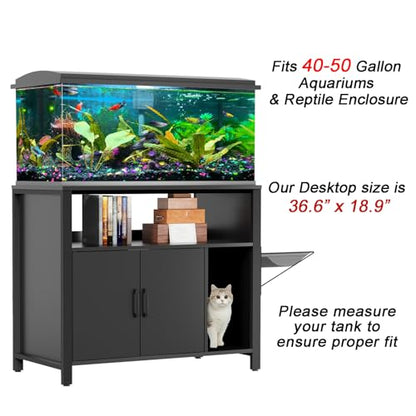 GDLF 40-50 Gallon Fish Tank Stand with Hidden Cat Litter Box Cabinet | Dual-purpose pet furniture combines aquarium support, hidden litter box storage, and a cat perch for a cleaner home setup