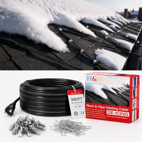 H&G lifestyles 8W/FT Roof Heat Cable for Roof and Gutters 60FT | Self-Regulating Heaters to Prevent Ice Dams,Heavy Duty Heat Tapes for Snow De-icing, 8Watts per Foot Patented Technology - color: 60-feet