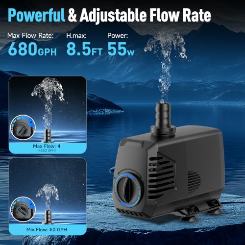 680GPH Submersible Water Pump, Water Fountain (2400L/H, 55W) with 8.5FT High Lift Adjustable & 3 Nozzles & 16.4FT Cord, Ultra Quiet Aquarium Pump for Pond Fountain Waterfall Hydroponics-Q104 - size: 680GPH