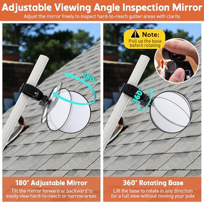 4.9" Large Expandable Inspection Mirror, 180°Tilt & 360°Rotate for Roof | 4.9" mirror tilts 180° & rotates 360°. Fits 0.6"-1.6" poles. For gutters, roofs, ducts & under vehicles