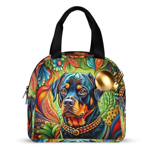 Rottweiler Dog Bohemian Art Lunch Bag for Women Men | Insulated Lunch Box Leakproof Food Meal Containers Reusable Foldable 6L Capacity Lunch Tote Bags for Work Picnic Travel - color: Style 1