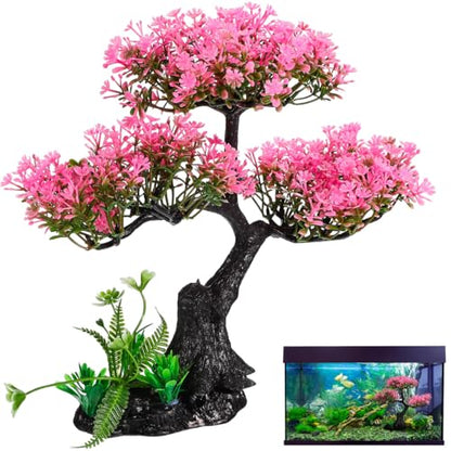 Didiseaon Aquarium Decor Artificial Plants Tree Set 11.4 Inch Pink | Plastic Plants for 10-55 Gallon Fish Tank Decoration Cherry Blossom Tree Fish Tank Decor Betta Fish Bowl Home Office Decor