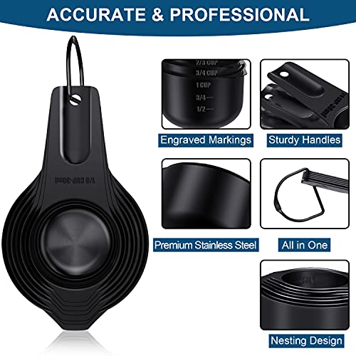 Wildone Black Measuring Cups & Spoons Set of 21 - Includes 7 Stainless Steel Nesting Measuring Cups, 8 Measuring Spoons, 1 Leveler & 5 Mini Measuring Spoons, Ideal for Dry & Liquid Ingredients - color: Black