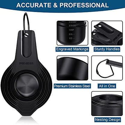 Wildone Black Measuring Cups & Spoons Set of 21 - Includes 7 Stainless Steel Nesting Measuring Cups, 8 Measuring Spoons, 1 Leveler & 5 Mini Measuring Spoons, Ideal for Dry & Liquid Ingredients - color: Black