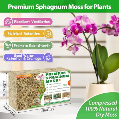 1.3LB Sphagnum Moss for Plants- 25QT Natural Long Fibers Orchid Moss | Moisture Retention & Drainage Balance, Plant Moss for Orchids, Succulents, Carnivorous, Ferns, Reptile Bedding & Terrariums - size: 25 QT(1.3 lb)
