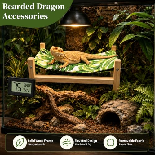 Bearded Dragon Bed,Wooden Reptile Hammock, Leopard Gecko&Bearded Dragon Tank Accessories, Hermit Crab &Crested Gecko Accessories (Large)