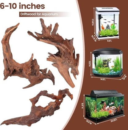 3-Piece 7-11 Inches Natural Aquarium Driftwood Decorations - Aquascape Decor for Fish Tanks, Betta Hideouts, Reptile Enclosures & Plant Attachment - size: Mopani Driftwood 7-11" (Pack of 3)