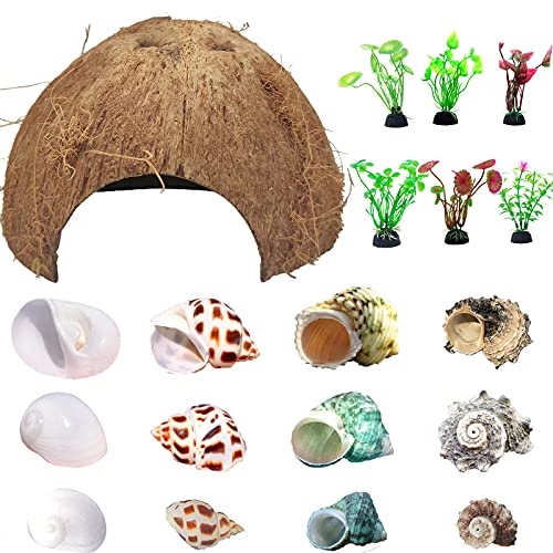 SINKOO Hermit Crab Shells Natural Coconut Shell Hut Artificial Plants 19 PCS Decoration Supplies House Tank | Coconut Shell Hut Artificial Plants Decoration Supplies House Tank