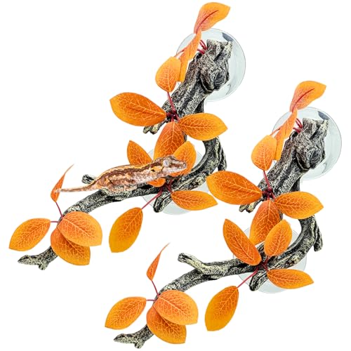 Fhiny Snake Climbing Branch, 2 PCS Resin Reptile Branches for Climbing with Suction Cups Reptile Tank Decor Accessories Frog Terrarium Plants for Corn Snake Frog Bearded Dragon Lizard Gecko - color: Orange, 2 Pcs