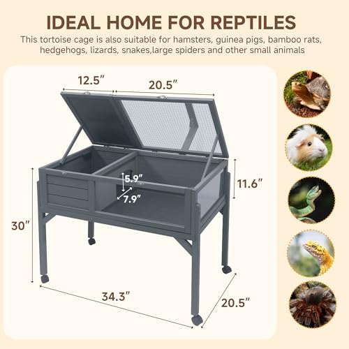 Large Tortoise Habitat Wooden Rolling Tortoise Cage House Reptile Terrarium Enclosure with Stand Leg Wheel Fixed Tray Openable Roof Lamp Holder for Gecko Lizard Snake Small Animal Cage Gray