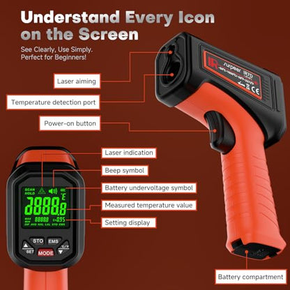 -58℉~3272℉ Infrared Thermometer IR Gun, High-Temp Digital Temperature Gun, 50:1 Non-Contact Pyrometer for Kiln, Forge, Furnace, Engine, HVAC & Industrial Applications - color: -58°F to 3272°F