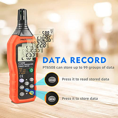 PT6508 Temperature Humidity Meter - Wet Bulb for Indoor/Outdoor | Digital Thermometer Hygrometer Monitor with Ambient, Dew Point, MIN, MAX, Data Hold, LCD Backlight - size: PT6508