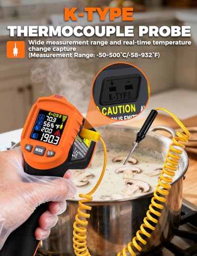 4 in 1 Temperature Gun POROMETISTO 4 Types of Alarm Setting | -58-1472°F For Infrared/Ambient Temperature Humidity Infrared Thermometers,Industrial Laser Thermometer Gun with K-Type Probe