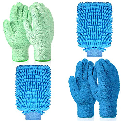 Potchen 6 Pcs Microfiber Dusting Mitt Gloves for Plants Washable Dusting Gloves for House Cleaning Furniture Car Washing - color: Blue, Green