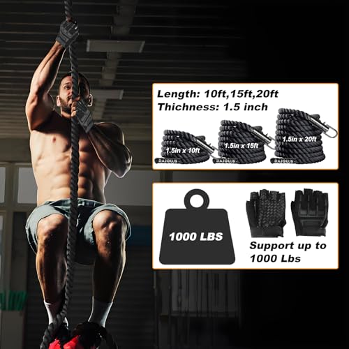 Climbing Rope Gym Workout - 1.5 Inch Dia 10FT 15FT 20FT 25FT 30FT 35FT 40FT 50FT Heavy Duty Work Out Rope Exercise Climbing Ropes for Adults Kids Fitness & Strength Training Outdoor & Indoor - Black - style: 1.5 Inch-15ft