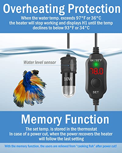 AquaMiracle Mini Aquarium Heater 5V/2A USB 10W Small Fish Tank Heater for Tanks up to 1 Gal, Digital Display Thermostat Betta Heater with Dry-Run & Overheat Protection, Memory Function - size: ≤ 1 Gal Tanks