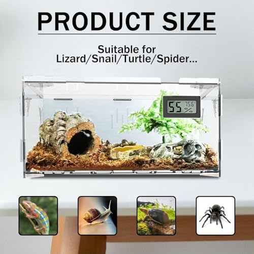 Acrylic Reptile Breeding Box Terrarium Cage Tank, 11.8"x7.9"x5.9", with Temperature Hygrometer, for Small Reptiles, Snakes, Insects, Home Office - size: Reptile-Tank-M (No Tray)