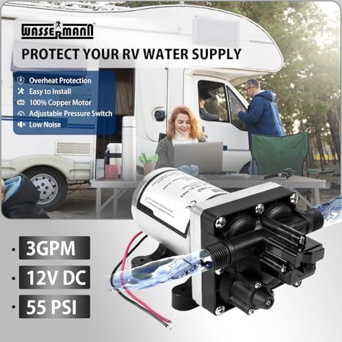 RV Water Pump 12V DC 4008-101-A65/E65 Replacement, 3.0 GPM 55PSI, Quiet Pump with Pressure Switch for Camper RV Shower Garden Industrial Yacht Sprayer Food Truck Travel Trailer Water Pumps - color: White03
