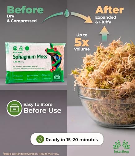 Inkashop Long Fiber Sphagnum Moss for Reptiles Terrarium Bedding Hide 3.5oz | snake bedding, reptile substrate and humidity control, leaf litter for tarantula isopod jumping spider, peruvian dried moss