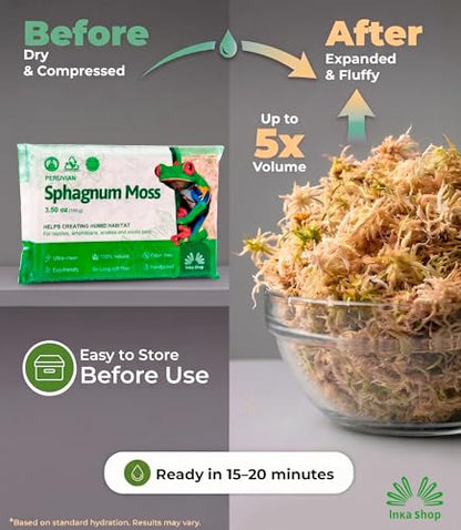 Inkashop Long Fiber Sphagnum Moss for Reptiles Terrarium Bedding Hide 3.5oz | snake bedding, reptile substrate and humidity control, leaf litter for tarantula isopod jumping spider, peruvian dried moss