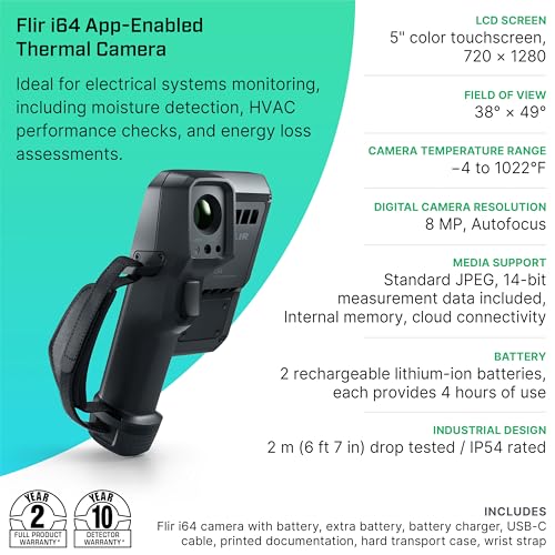 Flir i64 Thermal Imaging Camera, 480x640, ACE Platform, WiFi | MSX, 40 mK NETD, AssetLink, Ignite cloud, building/electrical/HVAC, battery, charger, case