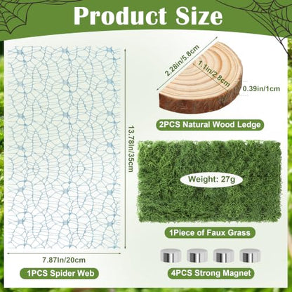 Jumping Spider Habitat Décor Jumping Spider Enclosure Accessory | 2PCS Spider Web, 1 Piece Faux Grass, 2PCS Natural Wood Ledge, 4PCS Strong Magnet for Small Reptile Enclosures