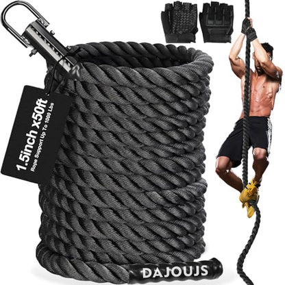 Climbing Rope Gym Workout - 1.5 Inch Dia 10FT 15FT 20FT 25FT 30FT 35FT 40FT 50FT Heavy Duty Work Out Rope Exercise Climbing Ropes for Adults Kids Fitness & Strength Training Outdoor & Indoor - Black - style: 1.5 Inch-50ft