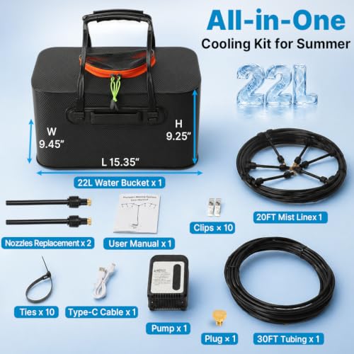 Bluepro 50FT Portable Misting System for Cooling, Misters for Outside Patio with 5.8Gal/22L Foldable Tank, 5200mAh Pump (IPX8) & 8 Adjustable Brass Nozzles for Umbrella, Camping, Golf Cart, Sport