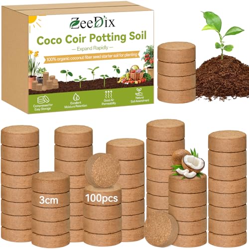 100 Pack 30mm Organic Coco Coir Pellets Seed Starter Soil | Low EC, pH Balance, Potting Soil Mix, Indoor Outdoor Plants, Herbs Houseplants Bonsai Vegetables Flowers - size: 30mm-100pack
