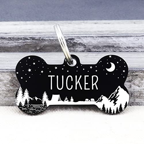 UltraJoys Stainless Steel Pet ID Tag Dog Name Tags Personalized Front and Back Engraving, Customized Dog Tags and Cat Tags, Optional Engraved on Both Sides, Bone Tag with Camping Bonfire Design, Small - color: Bone-camping, size: Small