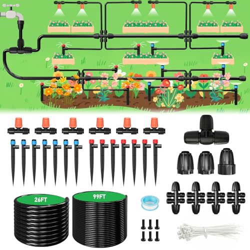 125FT Drip Irrigation System, Automatic Drip Irrigation Kit with 5/16" Main Tube & 1/4" Branch Tubing, Adjustable Drip Emitters, Garden Watering System for Flower Bed, Raised Beds, Lawn, Greenhouses - size: 26FT Main Tube+ 99FT 1/4'' Tube