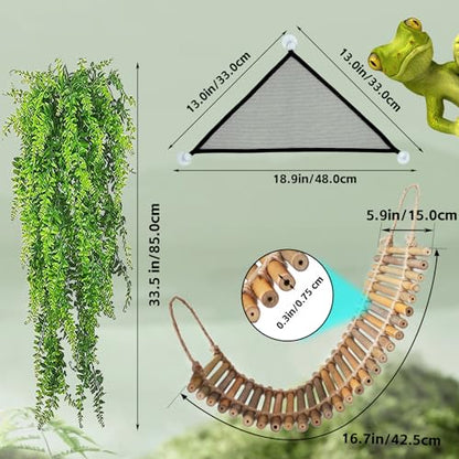 kathson Reptile Bridge for Terrarium,Bearded Dragon Wooden Bridges Gecko Hammock with Hanging Plants Lizard Lounger Bamboo Ladder Reptiles Tank Accessories Climbing for Chameleons Geckos Snakes (3Pcs) - size: Large