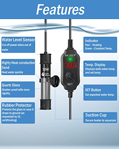 AquaMiracle Aquarium Heater 50W Fish Tank Heater for 5-10 Gal Tanks, LED Digital Display Thermostat Turtle Heater with Out-of-Water Auto Shut-Off, Overheat Protection & Memory Function - size: For 5-10 Gal Tank