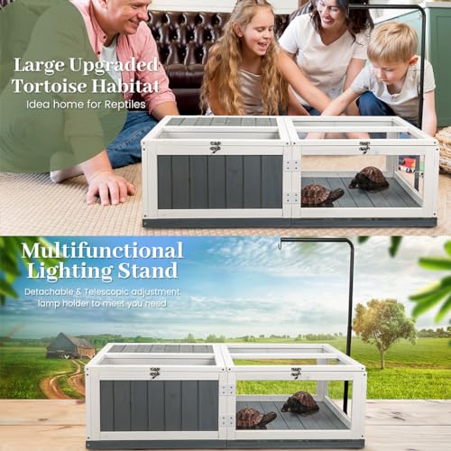 43in Tortoise Habitat for Indoor & Outdoor, Large Wooden Wooden Tortoise House with Adjustable Lamp Stand and Waterproof Tray, Turtle Habitat Reptile Cage, Tortoises Enclosure for Small Animals