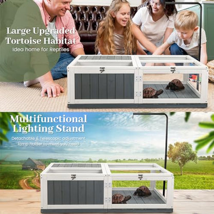 43in Tortoise Habitat for Indoor & Outdoor, Large Wooden Wooden Tortoise House with Adjustable Lamp Stand and Waterproof Tray, Turtle Habitat Reptile Cage, Tortoises Enclosure for Small Animals