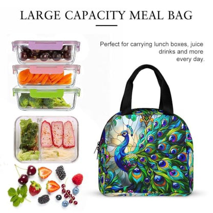 Stained Glass Green Peacocks Lunch Bag for Women Men | Insulated Lunch Box Leakproof Food Meal Containers Reusable Foldable 6L Capacity Lunch Tote Bags for Work Picnic Travel - color: style-14