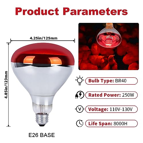 250 Watt Red Heat Lamp Bulbs, Chicken Infrared Incandescent Light Bulb, Brooder Heat Lamps for Chickens, Chicks, Reptile, Pets, Coop, Poultry, Food, Bathroom, Ceiling, E26 Base - 2 Pack