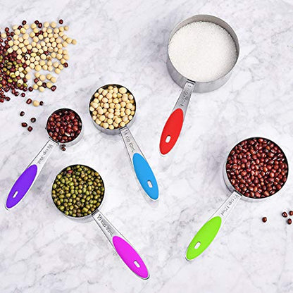Wildone Stainless Measuring Cups and Spoons Set with Silicone Handle, 16pcs | 8 Measuring Cups and 8 Measuring Spoons, Nesting Design, Heavy Duty for Measuring Dry/Liquid Ingredients, Multicolor - color: Multicolor