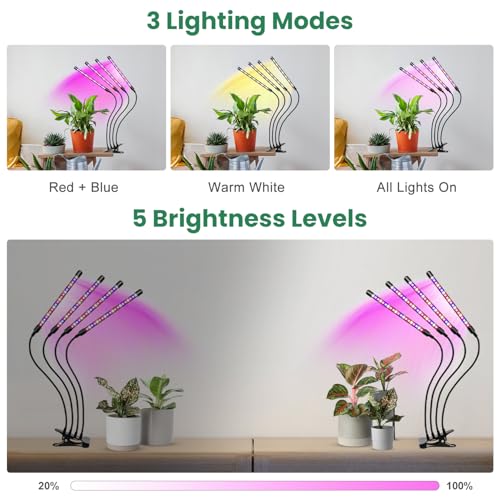 Grow Lights for Indoor Plants, Full Spectrum with Clip, 4 Head | 6000K Plant Light, Timer 6/12/16Hrs, 3 Spectrums, 5 Dimmable Levels, Flexible Gooseneck - size: (1 Pack)4 Arms