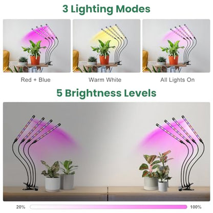 Grow Light, 4 Head Full Spectrum Plant Light with Clip, 2Pack | 6000K Plant Light, Timer 6/12/16Hrs, 3 Spectrums, 5 Dimmable Levels, Flexible Gooseneck - size: (2 Pack)4 Arms