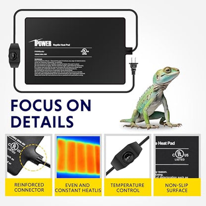 iPower 8x12 Inch Reptile Heating Pad with LCD Digital Aquarium Thermometer, Reptile Heat Mat with Adjustable Temperature Control for Reptiles - color: Black/Heat Pad with Adjust Knob+ Thermometer, size: 8" x 12"