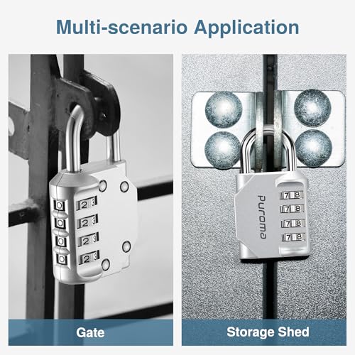Puroma 1 Pack Combination Lock Locker 4 Digits Combo Padlock Gym Silver | For School Gate Fence Toolbox Hasp Storage, Outdoor, Resettable, Weatherproof, Side Window, Crack Cut Resist, Hardened Steel - color: Silver