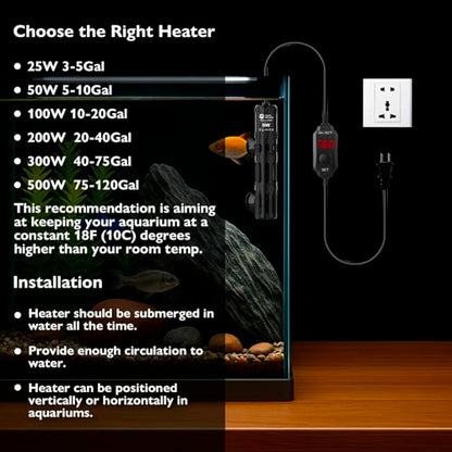 AquaMiracle Submersible Aquarium Heater, 50W Fish Tank Heaters with LED Digital Temp Display, Dry-Run Auto Power-Off & Overheat Protection, for Freshwater and Saltwater Tanks (5-10 Gal) - size: For 5-10 Gal Aquariums