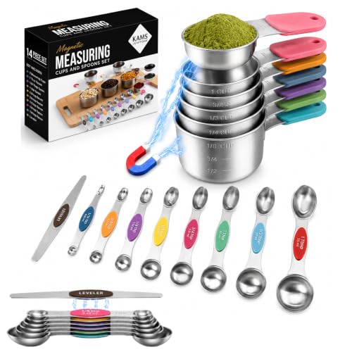 16PCS Magnetic Measuring Cups and Spoons Set with Leveler – Strong N52 Magnets, Premium 304 Stainless Steel, Double Sided Measuring Spoons, Easy to Read Engraved Measurements for Baking & Cooking
