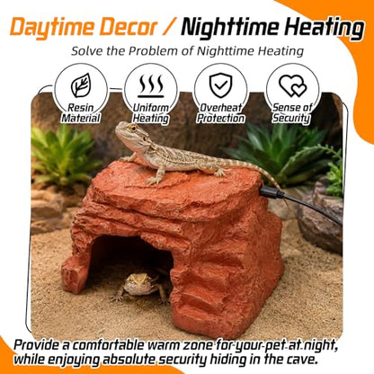 Heated Reptile Hide Cave USB 5V/2A Thermostat Heating Rock | Bearded Dragon Leopard Gecko Ball Python, Reptile Cave Heater with Natural Resin Rock Texture for Terrarium Shelter