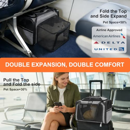 Expandable cat Carrier Soft Sided Airline Approved Pet Carrier Up to 12lbs | Top & Side Expandable, 360° Breathable Mesh, Anti-Collapse Frame, Built-in Safety Leash, Reversible Cushion for Cat Small Dog - color: Grey