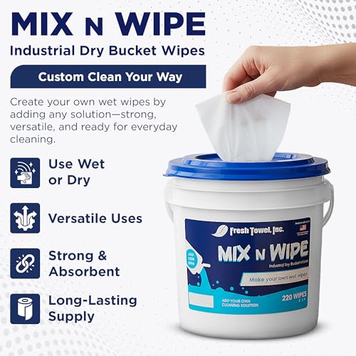 Fresh Towel Mix-N-Wipe Dry Wipes Refill, 220 Sheets, Cleaning Wipes | 6 x 9 inch center-pull format accepts a chosen liquid solution for custom wet applications at home, in garages, cars or gyms. - style: 1-Pack of 220 Wipes with Bucket