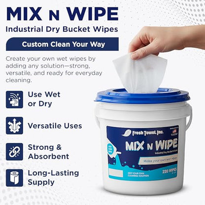 Fresh Towel Mix-N-Wipe Dry Wipes Refill, 220 Sheets, Cleaning Wipes | 6 x 9 inch center-pull format accepts a chosen liquid solution for custom wet applications at home, in garages, cars or gyms. - style: 1-Pack of 220 Wipes with Bucket